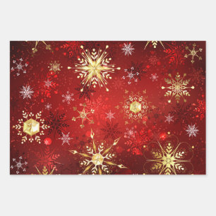Weihnachten Goldene Schneeflocken im roten Hinterg Geschenkpapier Set
