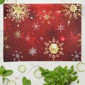 Weihnachten Goldene Schneeflocken im roten Hinterg Geschirrtuch (Gefaltet)