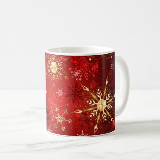 Weihnachten Goldene Schneeflocken im roten Hinterg Kaffeetasse (VorderseiteRechts)