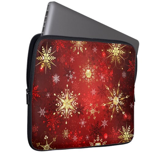 Weihnachten Goldene Schneeflocken im roten Hinterg Laptopschutzhülle (Vorne Rechts)