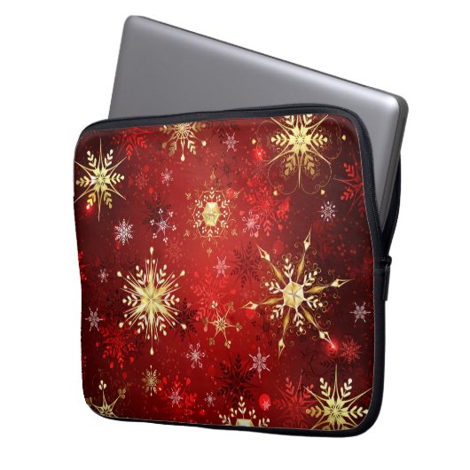Weihnachten Goldene Schneeflocken im roten Hinterg Laptopschutzhülle (Vorderseite Links)