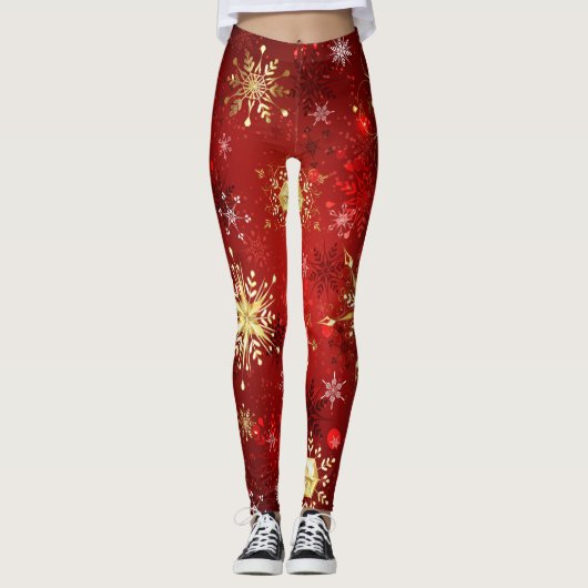 Weihnachten Goldene Schneeflocken im roten Hinterg Leggings (Vorderseite)