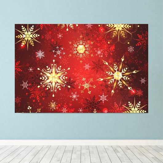 Weihnachten Goldene Schneeflocken im roten Hinterg Leinwanddruck (Insitu (Holzboden))