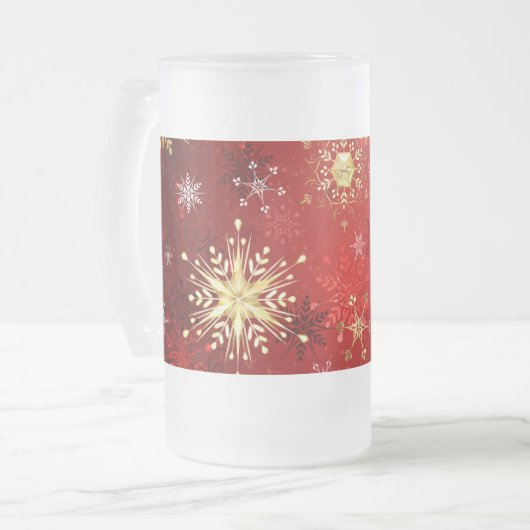 Weihnachten Goldene Schneeflocken im roten Hinterg Mattglas Bierglas (Vorderseite Links)