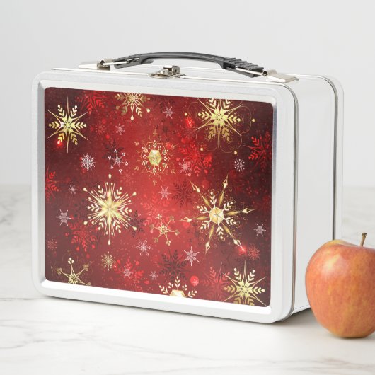 Weihnachten Goldene Schneeflocken im roten Hinterg Metall Brotdose (Beispiel)