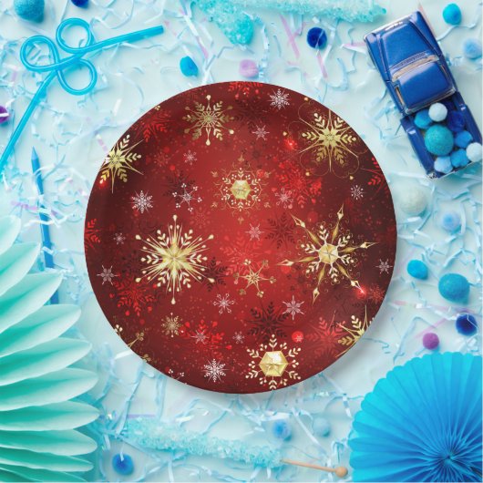 Weihnachten Goldene Schneeflocken im roten Hinterg Pappteller (Party)