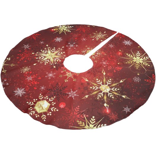 Weihnachten Goldene Schneeflocken im roten Hinterg Polyester Weihnachtsbaumdecke (Schrägansicht)