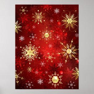 Weihnachten Goldene Schneeflocken im roten Hinterg Poster