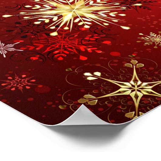 Weihnachten Goldene Schneeflocken im roten Hinterg Poster (Ecke)