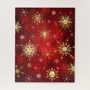 Weihnachten Goldene Schneeflocken im roten Hinterg Puzzle