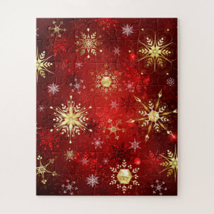 Weihnachten Goldene Schneeflocken im roten Hinterg Puzzle