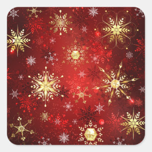 Weihnachten Goldene Schneeflocken im roten Hinterg Quadratischer Aufkleber