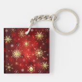 Weihnachten Goldene Schneeflocken im roten Hinterg Schlüsselanhänger (Rückseite)