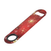 Weihnachten Goldene Schneeflocken im roten Hinterg Speed Flaschenöffner (Rückseite Schrägansicht)