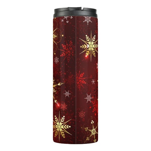 Weihnachten Goldene Schneeflocken im roten Hinterg Thermosbecher (Rückseite)