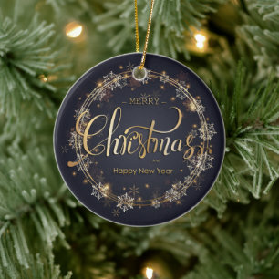 Weihnachten Goldene Typografie Weiße Schneeflocken Keramik Ornament