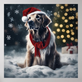 Weihnachten Goldener Retriever mit Weihnachtsmannm Poster
