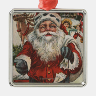 Weihnachten GreetingSanta mit Rotwild und Kindern Silbernes Ornament