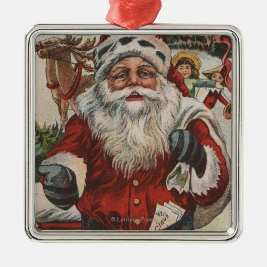 Weihnachten GreetingSanta mit Rotwild und Kindern Silbernes Ornament (Vorne)