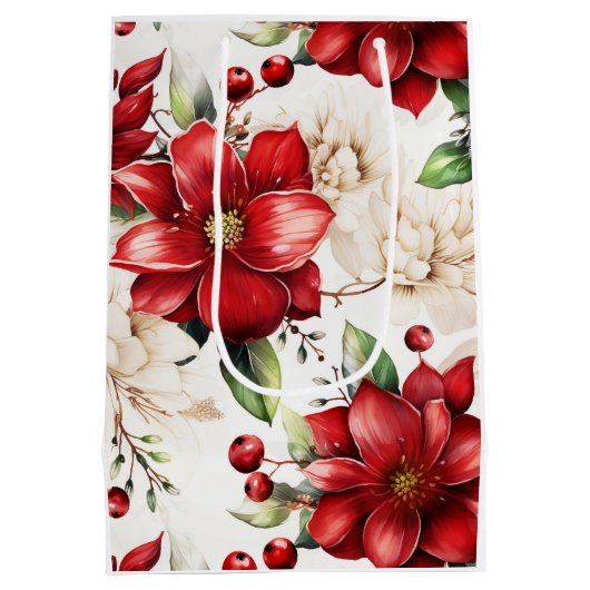 Weihnachten Große Blume Poinsettia Rotes Grünes Mu Mittlere Geschenktüte (Rückseite)