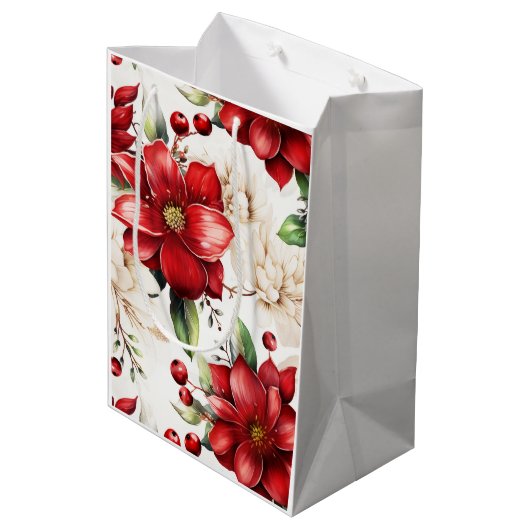 Weihnachten Große Blume Poinsettia Rotes Grünes Mu Mittlere Geschenktüte (Rückseite Schrägansicht)