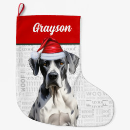 Weihnachten Große Dane Hund mit Name Woof Hintergr Großer Weihnachtsstrumpf