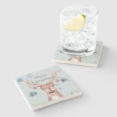 Weihnachten Grün Blaue Schneeflocken Hirsche  Steinuntersetzer (Seitenansicht)