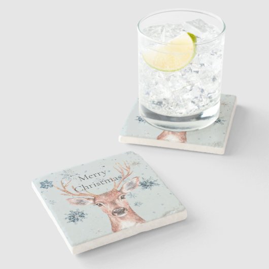 Weihnachten Grün Blaue Schneeflocken Hirsche  Steinuntersetzer (Seitenansicht)