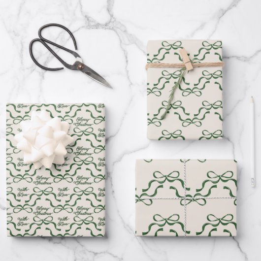 Weihnachten Grün & Creme Moderner Urlaub Tiny Bows Geschenkpapier Set (Vorderseite)