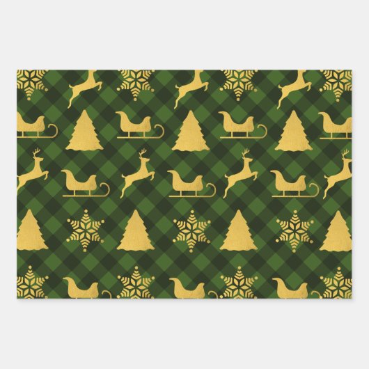Weihnachten Grün & Schwarz Buffalo Kariert Gold Xm Geschenkpapier Set (Vorderseite)