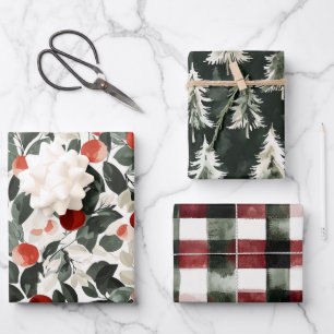 Weihnachten Grüne rote Berries Bäume Geschenkpapier Set