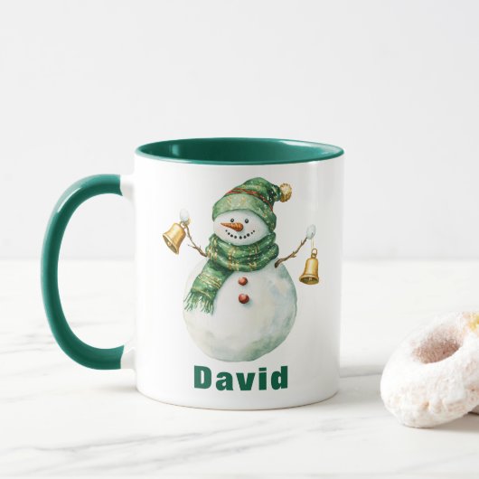 Weihnachten Grüner Scarf Schneemann mit Glocken Tasse (Mit Donut)