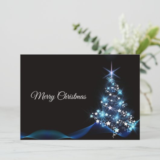 Weihnachten Gruß Blue Shiny Tree Black Elegante (Stehend Vorderseite)