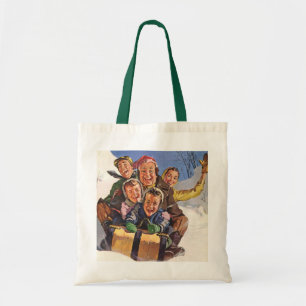 Weihnachten, Happy Family Rodeln Rodelbahn mit Aus Tragetasche