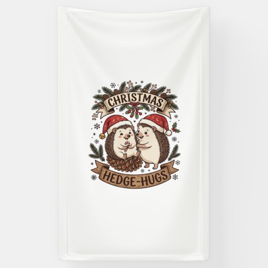 Weihnachten Hecke Umarme Igel Weihnachtsmann Hüte Banner (Vertikal)