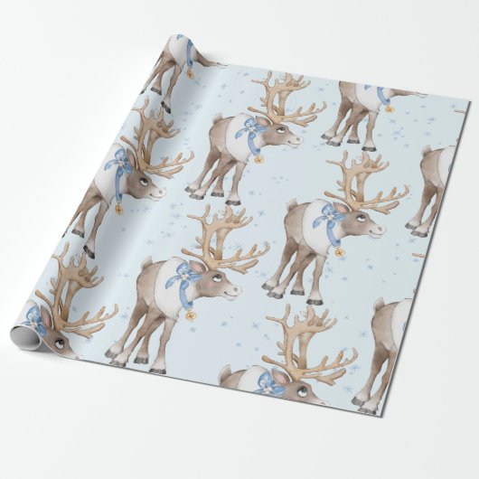 Weihnachten Hirsch Blauer Winter Schneeflocken Geschenkpapier (Ungerollt)