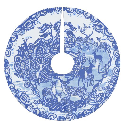 Weihnachten Hirsch Blue Willow Oriental Blue & Whi Polyester Weihnachtsbaumdecke (Vorderseite)