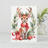 Weihnachten Hirsch in Rotem Scarf Ferienkarte (Stehend Vorderseite)