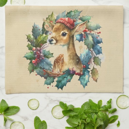 Weihnachten Hirsch Winter Wasserfarbe Tier Geschirrtuch (Gefaltet)