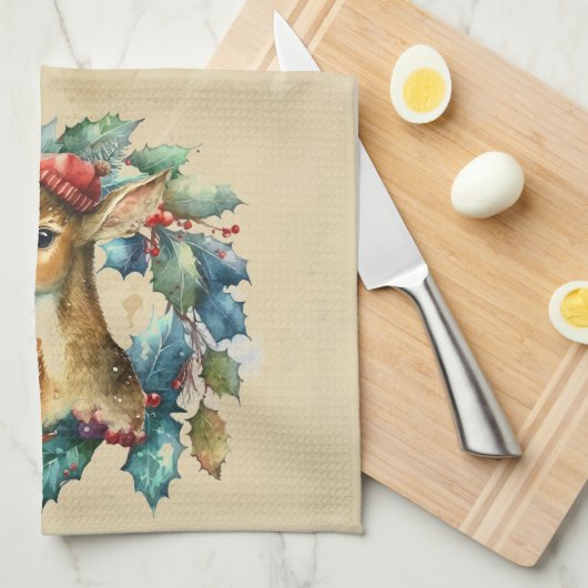 Weihnachten Hirsch Winter Wasserfarbe Tier Geschirrtuch (Viertel Falte)
