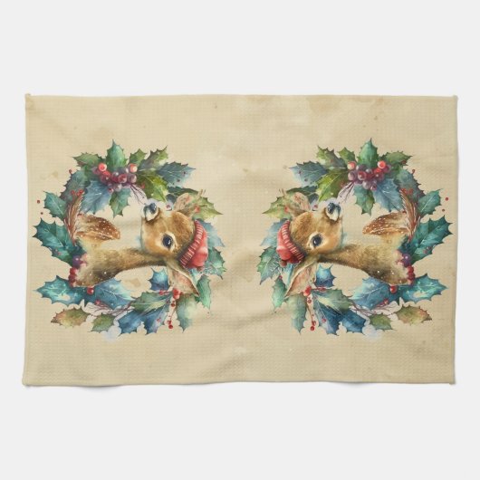 Weihnachten Hirsch Winter Wasserfarbe Tier Geschirrtuch (Horizontal)