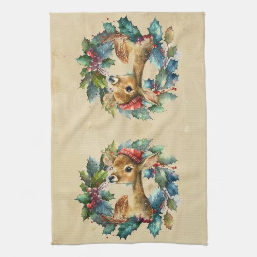 Weihnachten Hirsch Winter Wasserfarbe Tier Geschirrtuch (Vertikal)