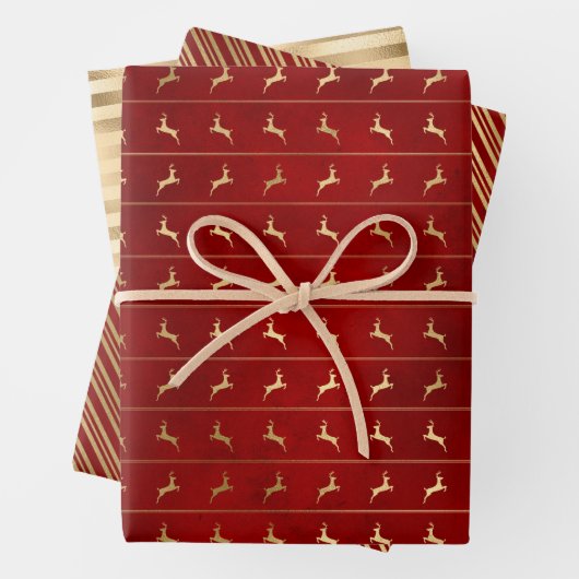 Weihnachten Hirsche Streifen Muster Red Gold Geschenkpapier Set (Beispiel)