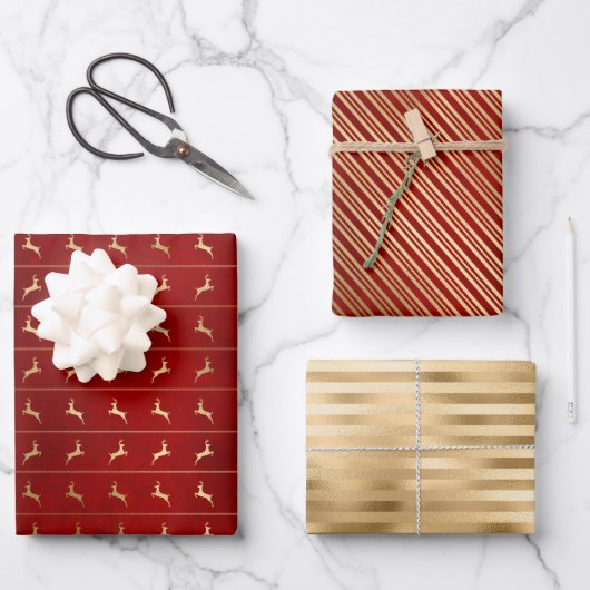 Weihnachten Hirsche Streifen Muster Red Gold Geschenkpapier Set (Vorderseite)