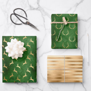 Weihnachten Hirschmuster Grün Gold Geschenkpapier Set