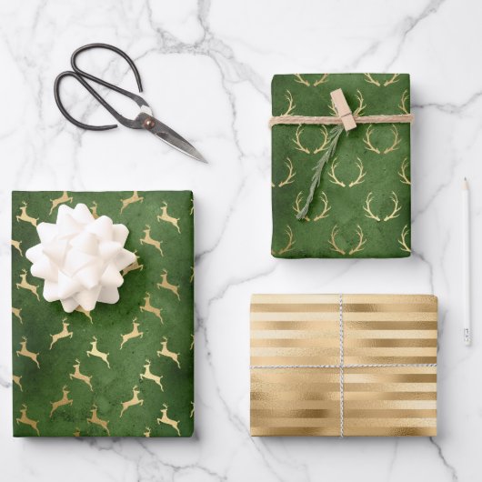 Weihnachten Hirschmuster Grün Gold Geschenkpapier Set (Vorderseite)