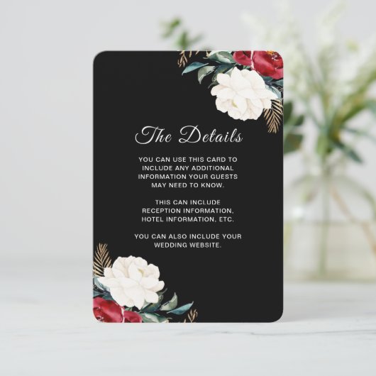 Weihnachten Hochzeit Schwarze Flora Gastinformatio Begleitkarte (Stehend Vorderseite)