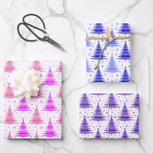 Weihnachten Holliday Pink Lila Blue Trees Muster Geschenkpapier Set (Vorderseite)