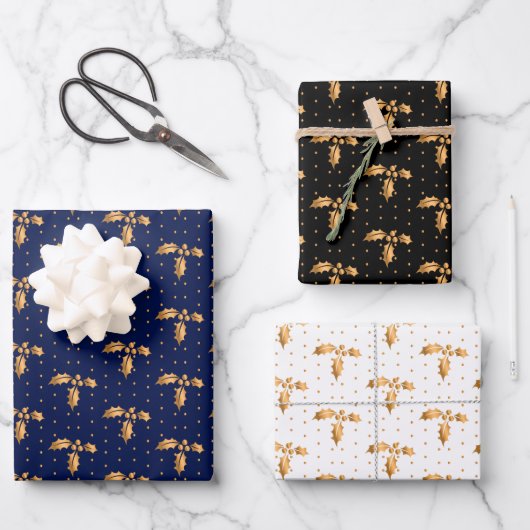 Weihnachten Holly auf Navy Blau, Schwarz und Weiß Geschenkpapier Set (Vorderseite)