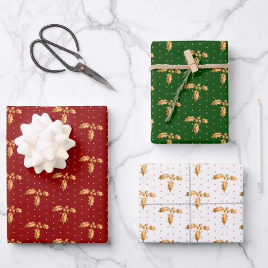 Weihnachten Holly auf Rot, Grün und Weiß Geschenkpapier Set (Vorderseite)